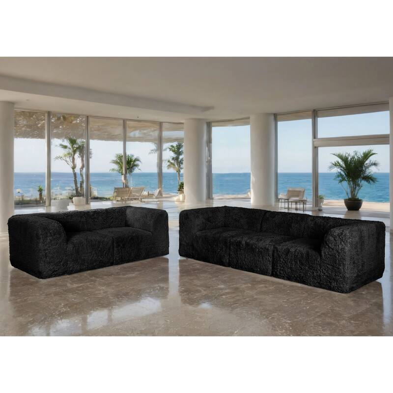 Furniture of America Ylena Modern 5-Piece Faux Fur Foam Modular Compressed Sofa and Loveseat Set - Black