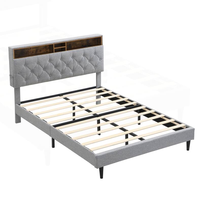 Modern Platform Bed Frame with Tufted Headboard and Multiple Functionalities