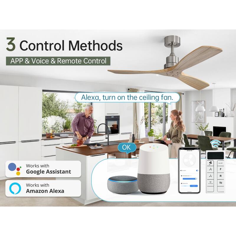 52 inch Smart Solid Wood Ceiling Fan with Intetraged Light and Remote,Google Assistant/Alexa APP Control