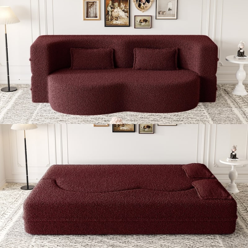 78" Convertible Folding Sofa Bed, Sleeper Sofa with Pillow, Modern Teddy Fabric Floor Loveseat Couch, Foam Mattress Sleeper - Burgundy