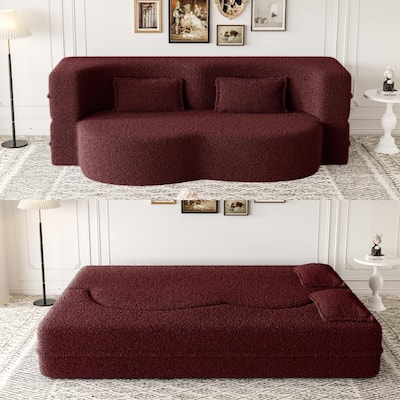 Full Size Folding Teddy Fabric Foam-Filled Floor Sofa Bed with 2 Pillows, Burgundy, No Assembly Required
