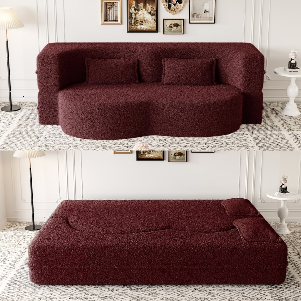 Full Size Folding Teddy Fabric Foam-Filled Floor Sofa Bed with 2 Pillows, Burgundy, No Assembly Required