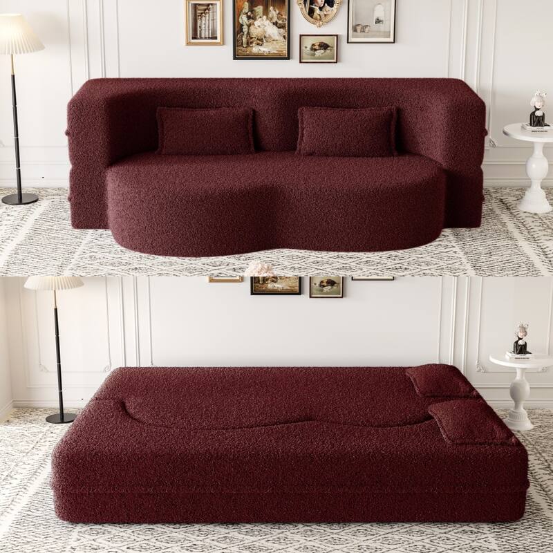 Full Size Teddy Fabric Upholstered Folding Sleeper Sofa Bed with Foam Filled and 2 Pillows - 78"L x 54"W x 15"H - Burgundy