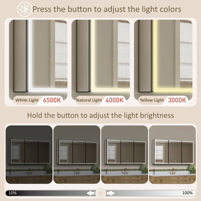 Grand Aluminum Medicine Cabinet with Mirror, Adjustable Shelves, Dimmable Light, Anti-Fog, Recessed or Wall Mount