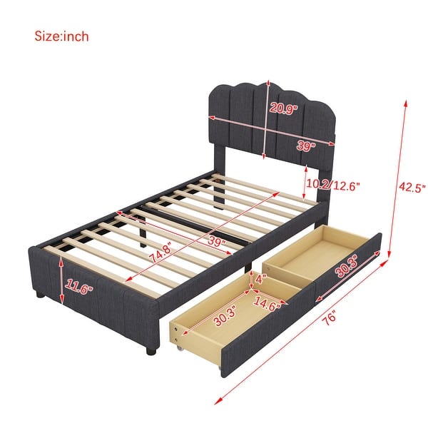 dimension image slide 0 of 2, Twin Size Upholstered Bed With 2 Storage Drawers,Wood Slat Support