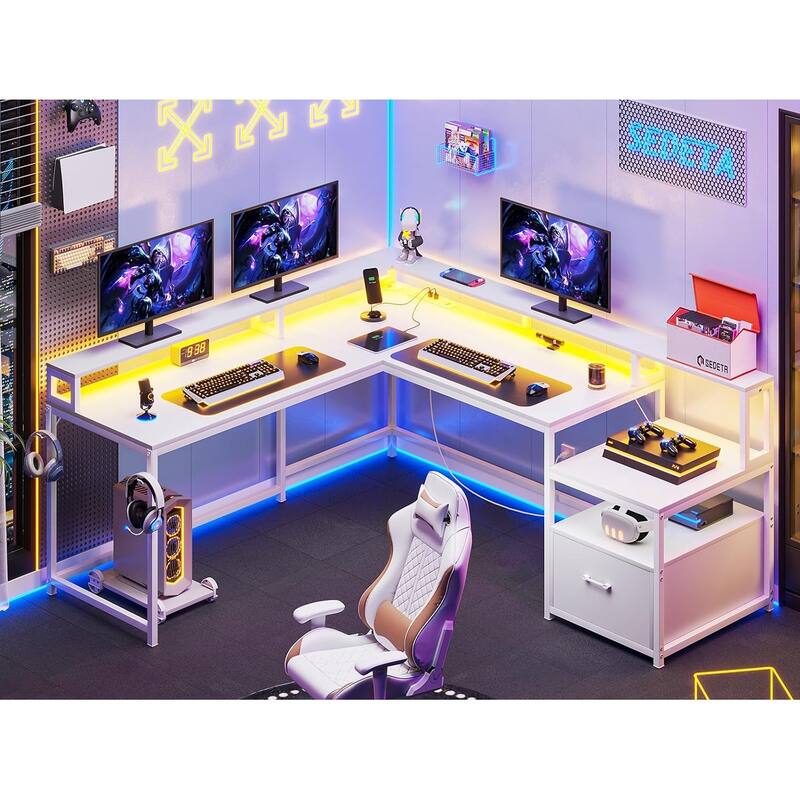 L Shaped Home Office Desk Computer desk File Drawer Power Outlet