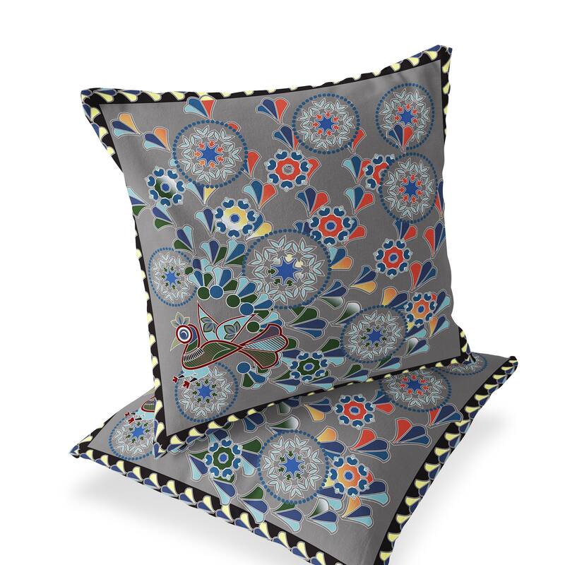 HomeRoots Set of Two 16" X 16" Gray and Yellow Peacock Blown Seam Floral Indoor Outdoor Throw Pillow - 16.00' X '16.00' X '5.00