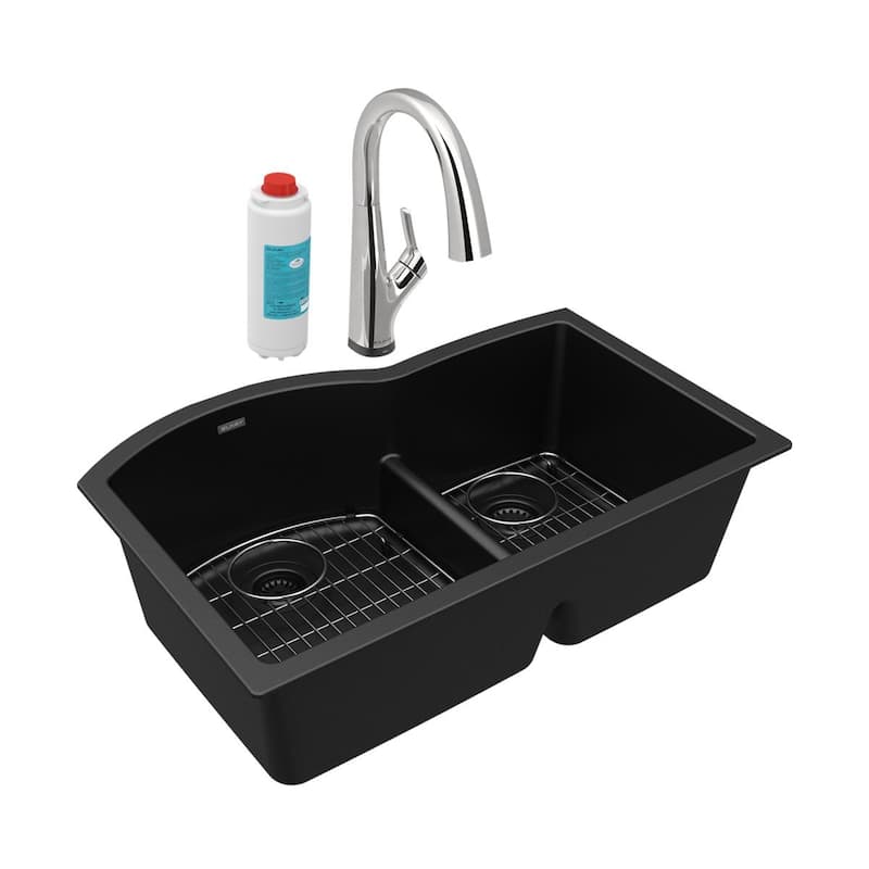 Elkay Quartz Classic 33" x 22" x 10", Offset 60/40 Double Bowl Undermount Sink Kit with Filtered Faucet with Aqua Divide, Black - Black