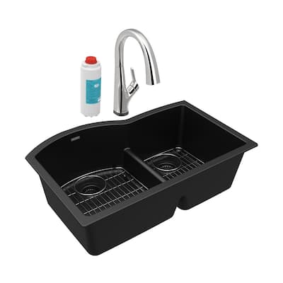 Elkay Quartz Classic 33" x 22" x 10", Offset 60/40 Double Bowl Undermount Sink Kit with Filtered Faucet with Aqua Divide, Black