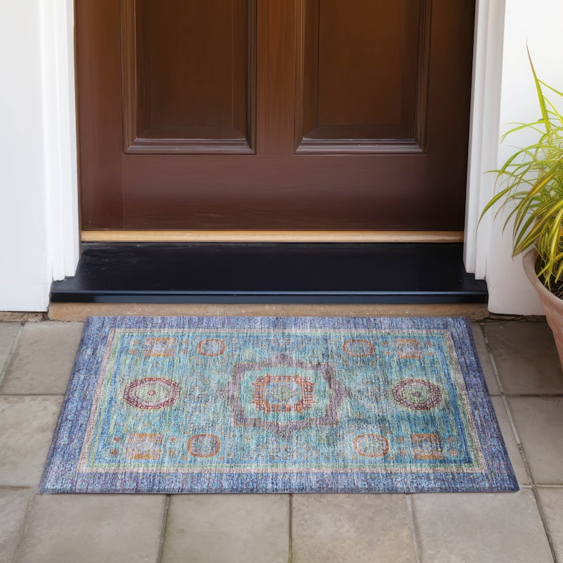 Machine Washable Indoor/Outdoor Traditional Chantille Rug - Teal - 1'8" x 2'6"