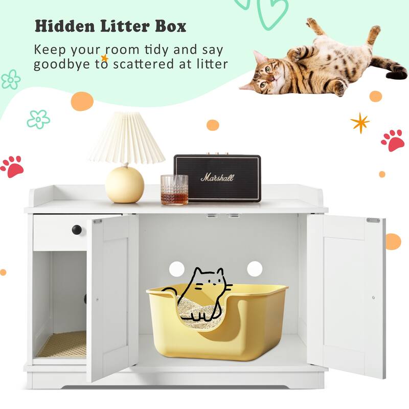 Indoor Cat House with Storage Drawer Side Table, Litter Box Furniture Hidden with Cat Litter Mat