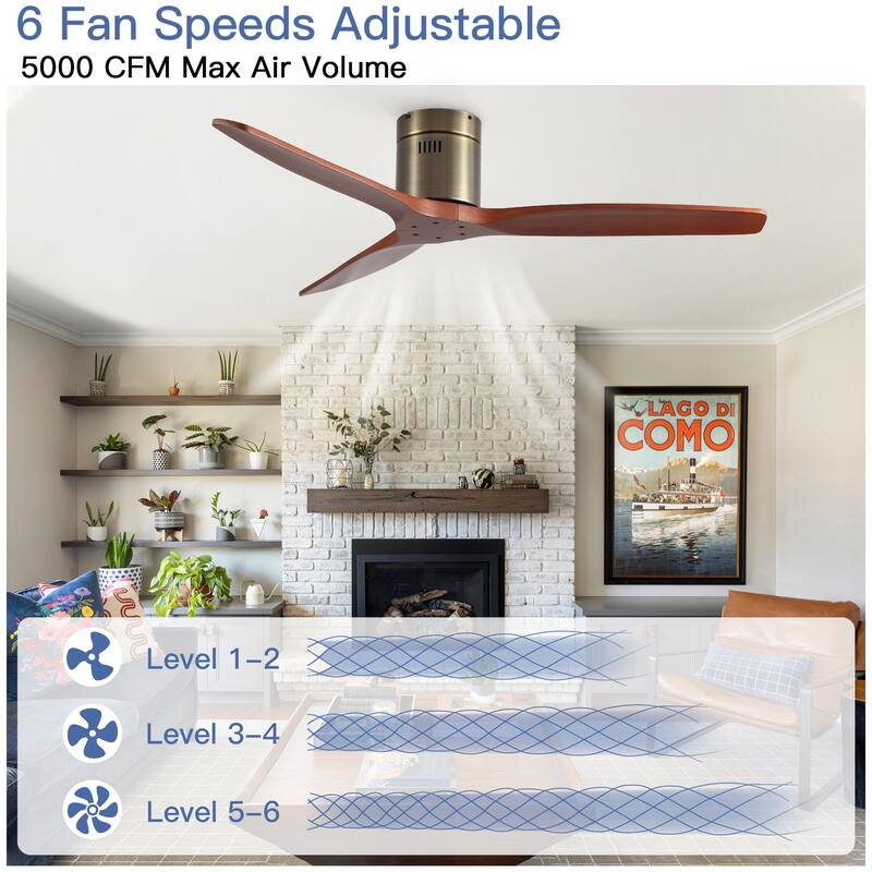 52In. Farmhouse Indoor Flush Mount Low Profile Ceiling Fan with Solid Wood Blades and Remote Control
