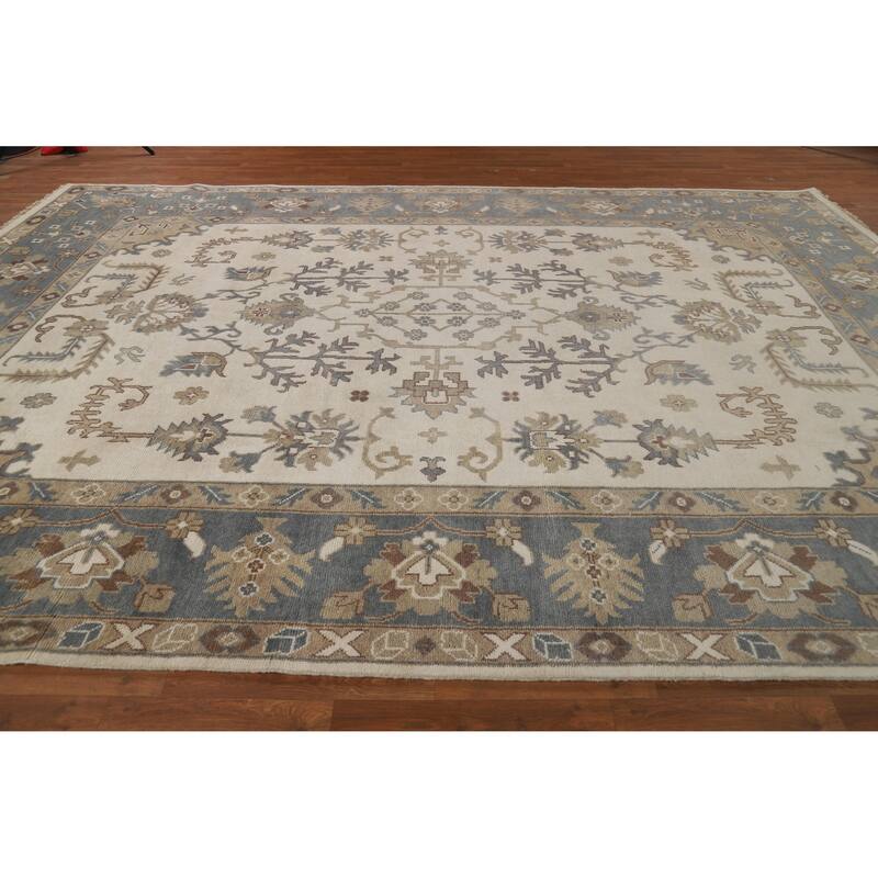 Ivory Oushak Indian Large Rug Hand-Knotted Wool Carpet - 10'0" x 14'1"