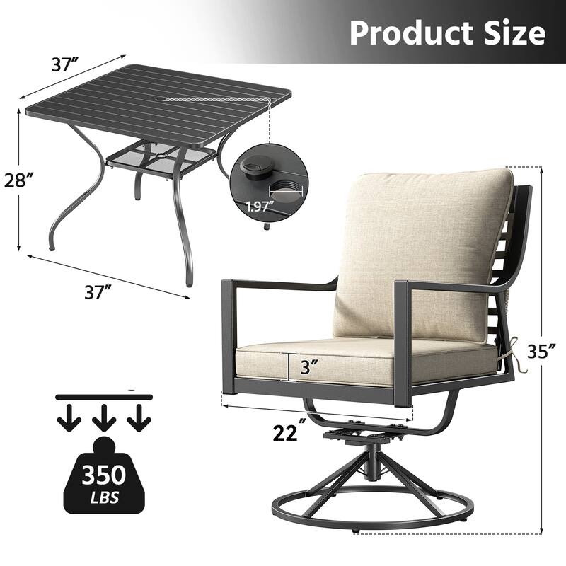 5-Piece Outdoor Patio Dining Set with 4 Swivel Chairs & 1 Square Table - Bistro Set for Garden, Deck, Backyard, Porch
