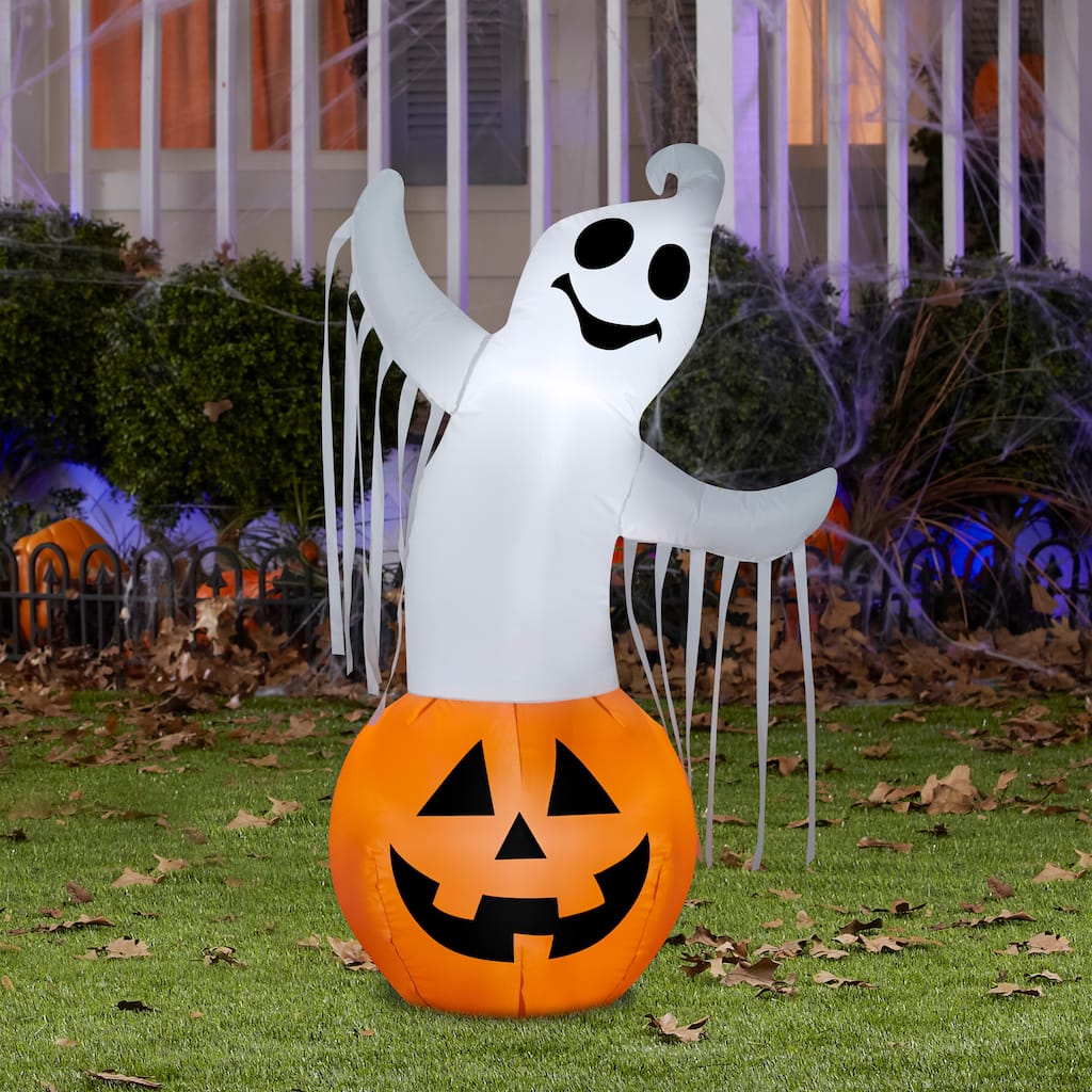 Gemmy Airblown Ghost in Pumpkin, 3.5 ft Tall, Multicolored