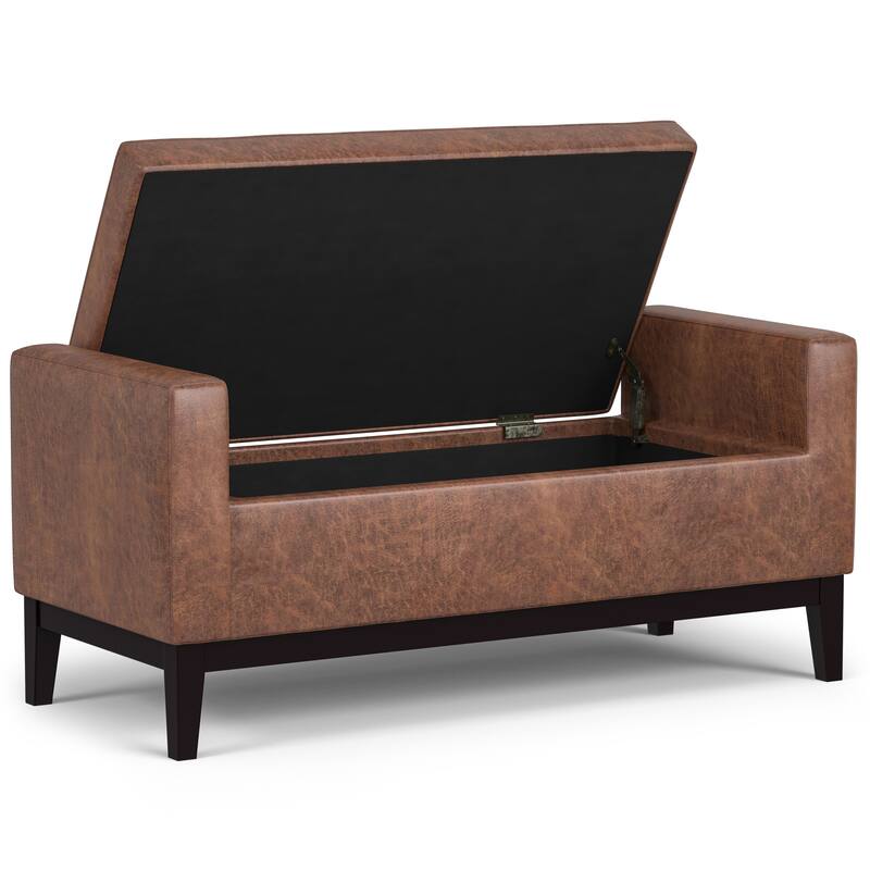 Selah 48 inch Wide Rectangle Storage Ottoman in Distressed Saddle Brown Vegan Faux Leather