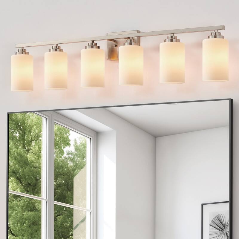 KAWOTI Rive 43" 6-Light Modern Vanity Light with Frosted White Glass - Brushed Nickel