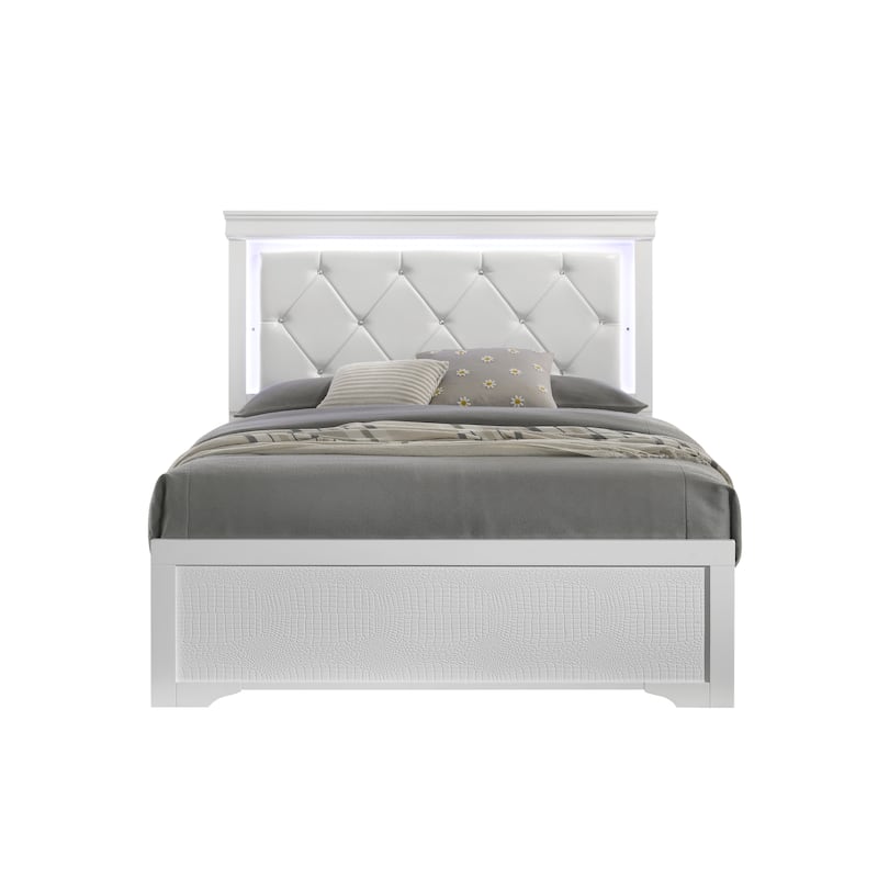 Modern Twin Bed with LED Headboard and Upholstered Design in White - White