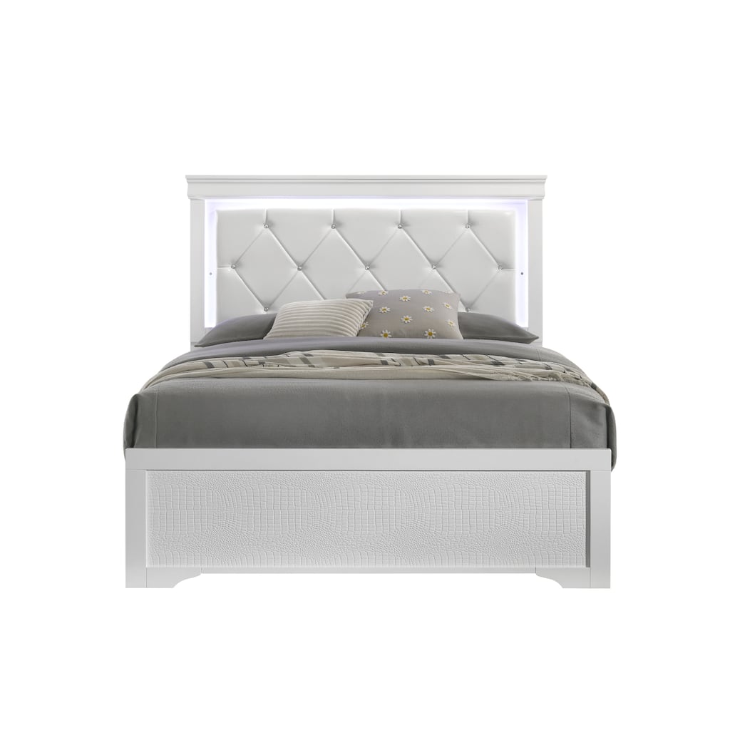 Modern Twin Bed with LED Headboard and Upholstered Design in White