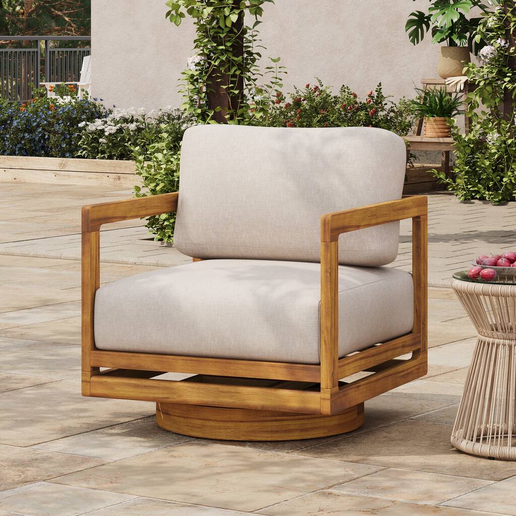 Christopher Knight Home - Outdoor Swivel Solid Acacia Wood Lounge Chair with Beige Cushion