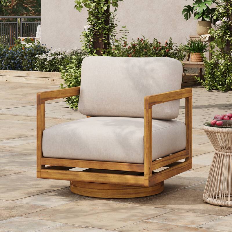 Christopher Knight Home - Outdoor Swivel Solid Acacia Wood Lounge Chair with Beige Cushion - Teak+ Beige