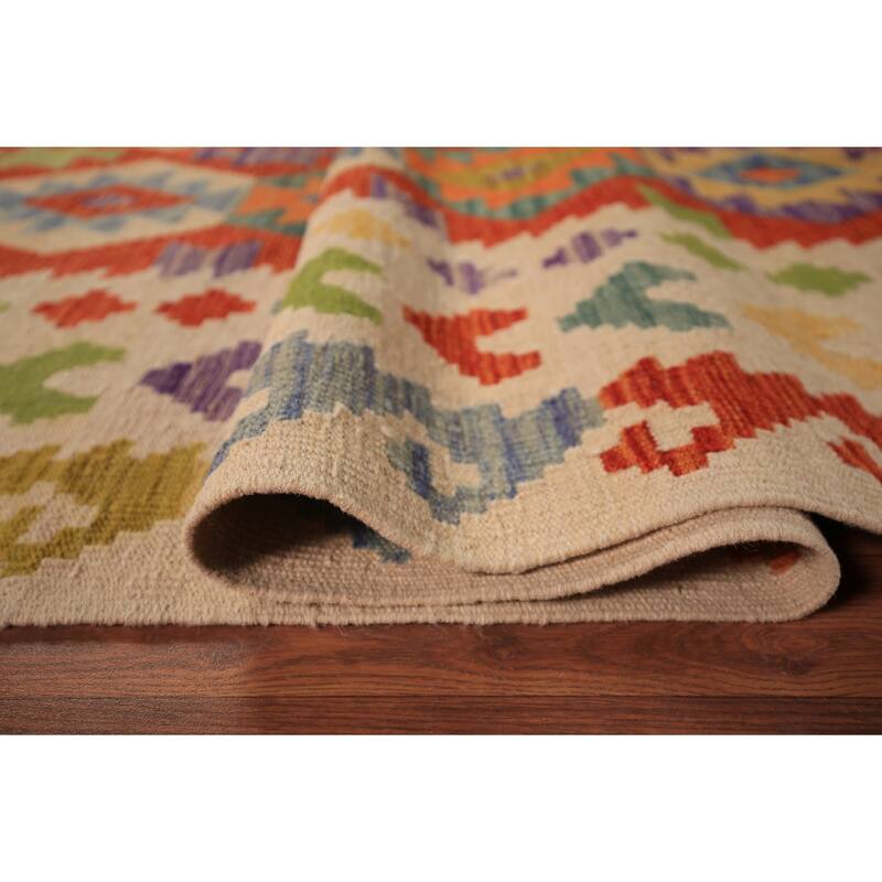 Reversible Kilim Area Rug Hand-Woven Oriental Orange Wool Carpet - 8'4" x 9'9"