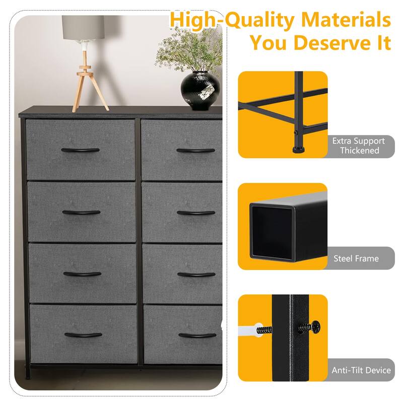 Stylish 8 Drawer Chest of Dressers for Bedroom, Tall Chest Organizer Tower with Wooden Top