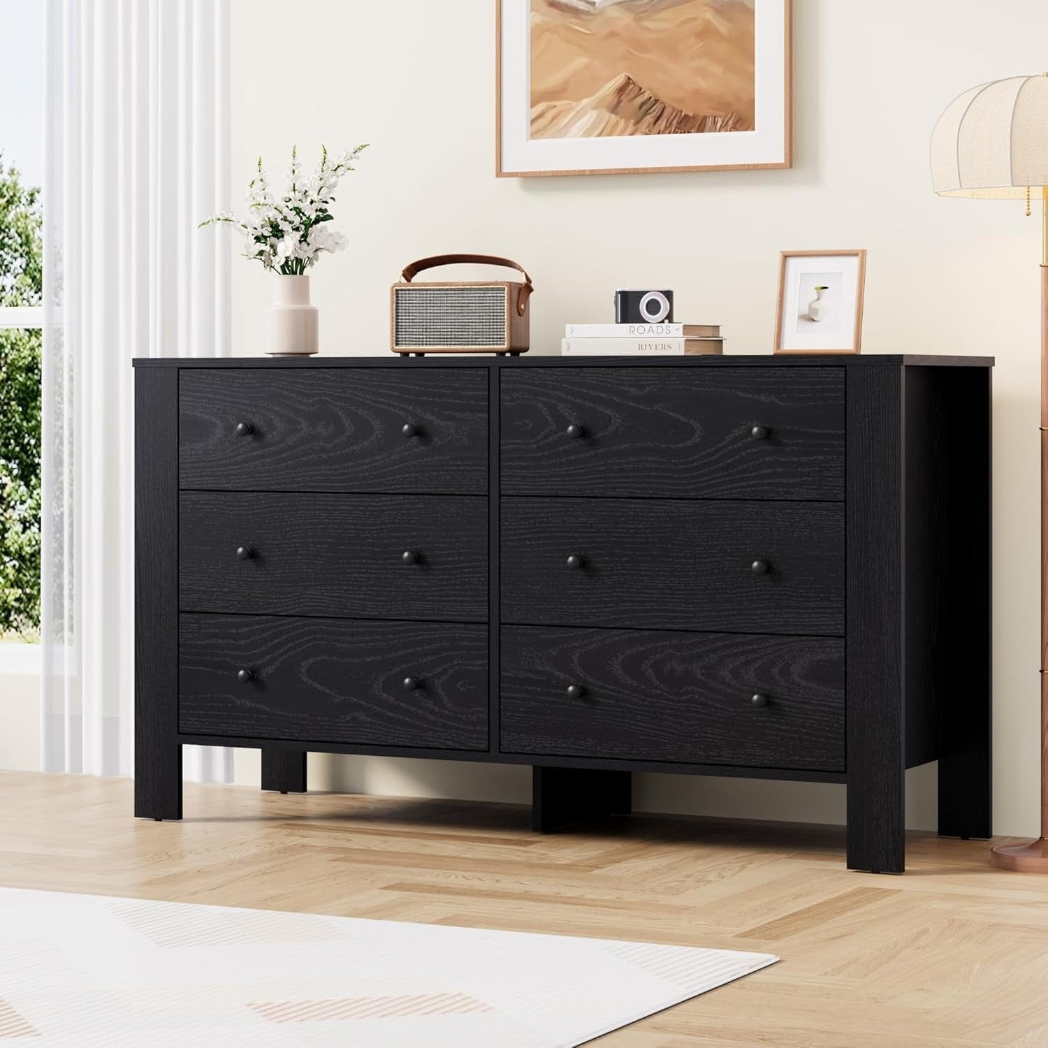 Black 6-Drawer Chest Panel Legs Stylish Storage