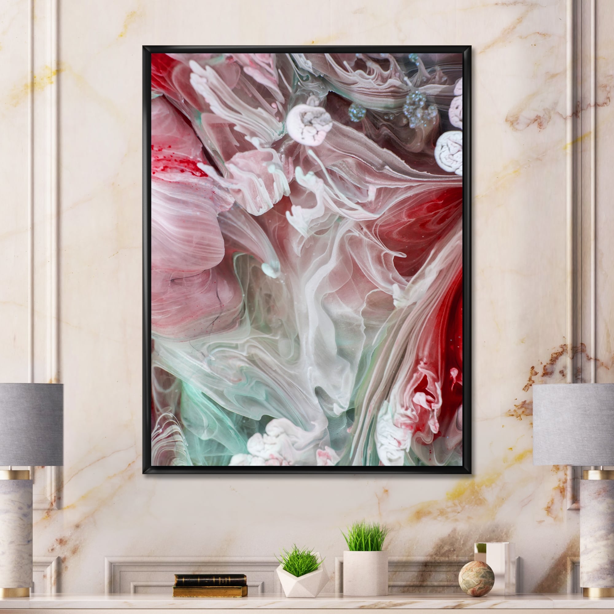 Designart Liquid Art Ripples In Red & Green II Abstract Framed