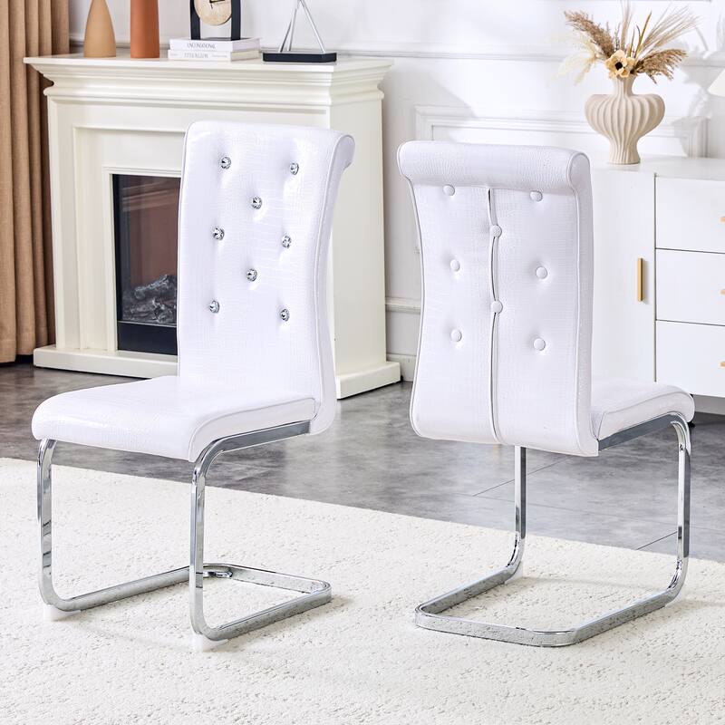 Set of 2, Retro Faux Alligator Skin Upholstered Dining Chairs, with Crystal Buckle Design and Faux Leather Design - White