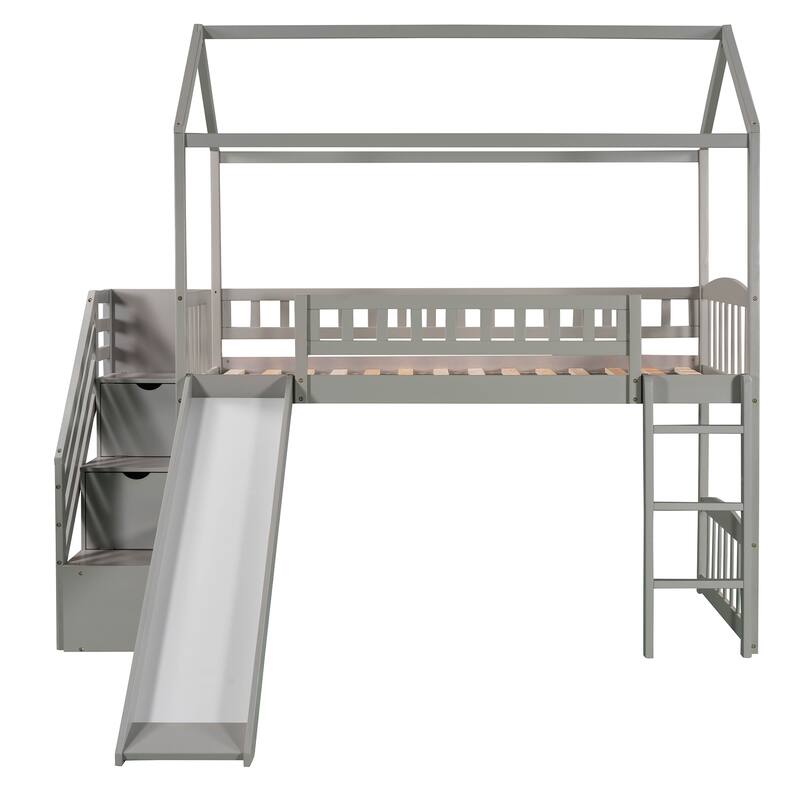 Twin Pine Loft House Bed with Storage Stairs and Slide