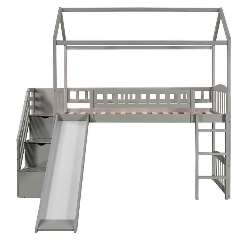 Twin Size Loft Bed Solid Wood Bed with Storage Stairs and Slide, House Loft Bed with Space Underneath for Boys Girls Bedroom