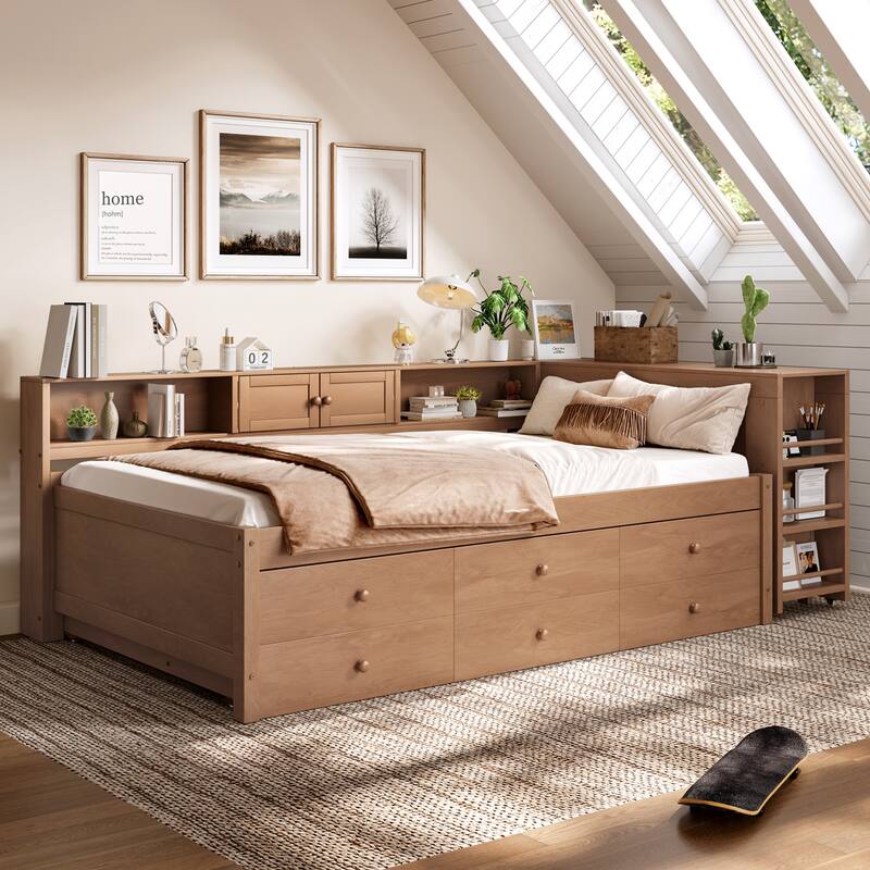Full/Twin Daybed with Trundle & Storage Drawers - Wood Frame with Side Shelves and Desk