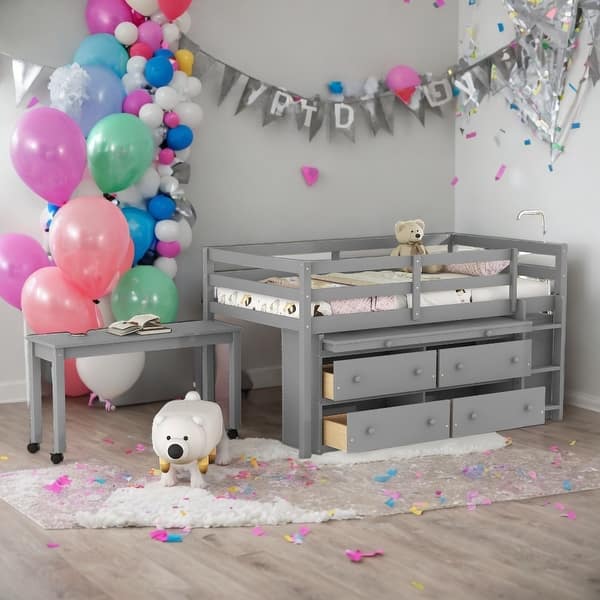 slide 2 of 13, Twin Size Wooden Loft Bed with Retractable Writing Desk and 4 Drawers, with Lateral Portable Desk and Shelves,Gray Gray