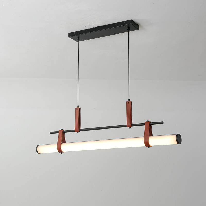 41.7" W Modern Cylinder Linear Acrylic Island LED Pendant Light with Leather Accents for Dining Room - Black/Brown/White - 41.7 in. W x 11.8 in. H x 4.7 in. D