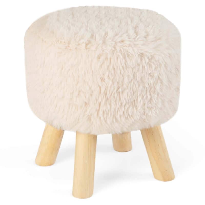 Costway Round Footstool Ottoman Faux Fur Upholstered Footrest with - White - See Details