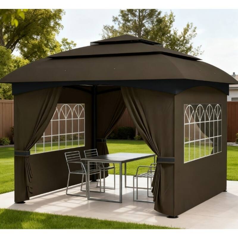 GDFStudio - 11'x11' Double Roof UV Protected Patio Gazebo with Church Windows & Curtains
