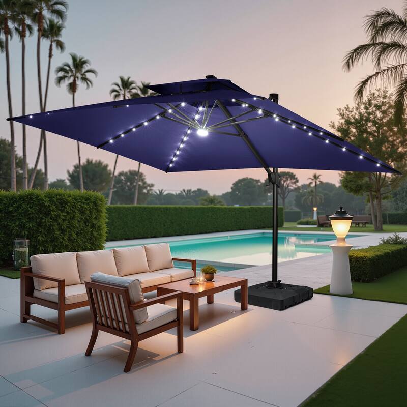 10 FT x 13 FT Outdoor LED Lighted Double Top Patio Cantilever Umbrella with Base Stand