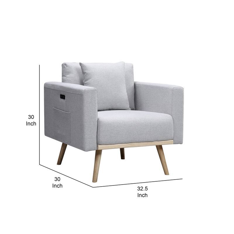 Mico 33 Inch Modern Sofa Chair with USB Ports and Pocket, Light Gray Fabric