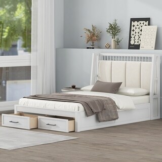 Full Size Solid Wood Platform Bed with Upholstered Headboard, Kids Bed Frame with 2-Storage Drawers for Bedroom, White