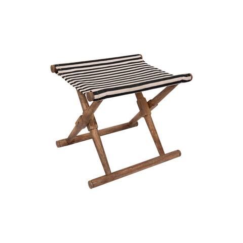Folding Mango Wood Stool with Black & White Striped Cotton Fabric Seat