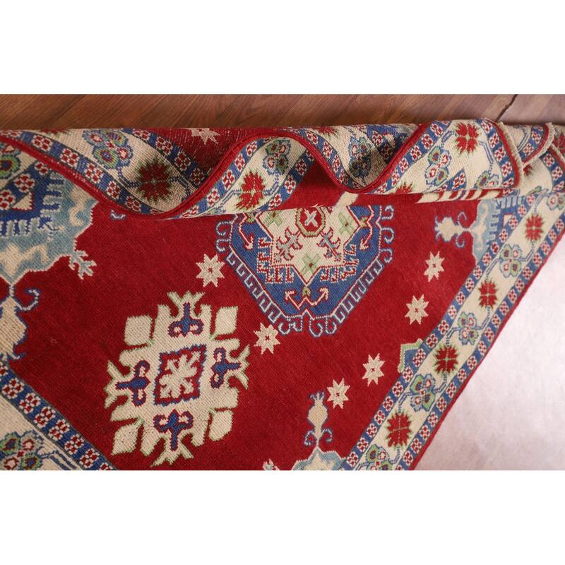 Red Kazak Rug Handmade Geometric Wool Carpet - 3'5"x 5'1"