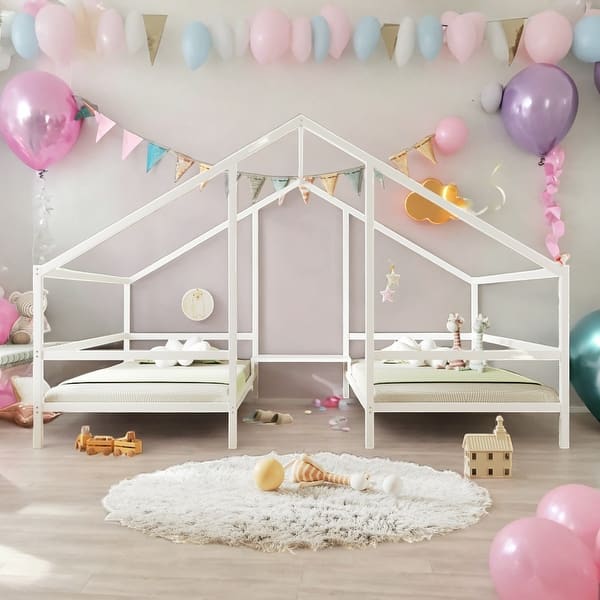 slide 2 of 18, Metal Double Twin Size Triangular House Beds with Built-in Table, White, Modern Design