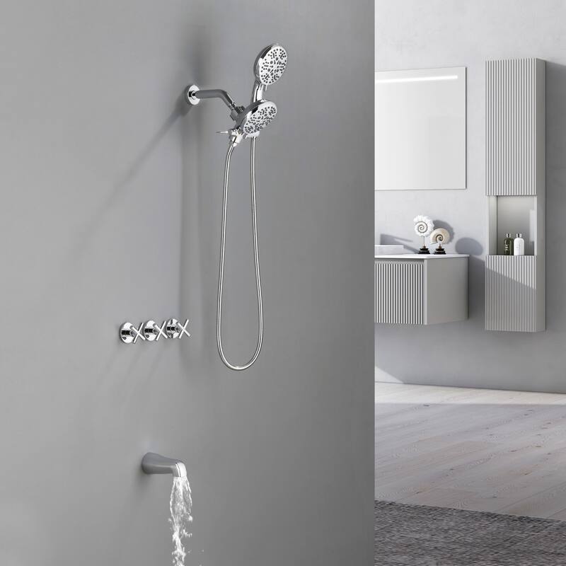 Modland 3-Handle Tub and Shower Faucet Set Dual Head 7-Spray Brass Valve Kit with Alloy Spout