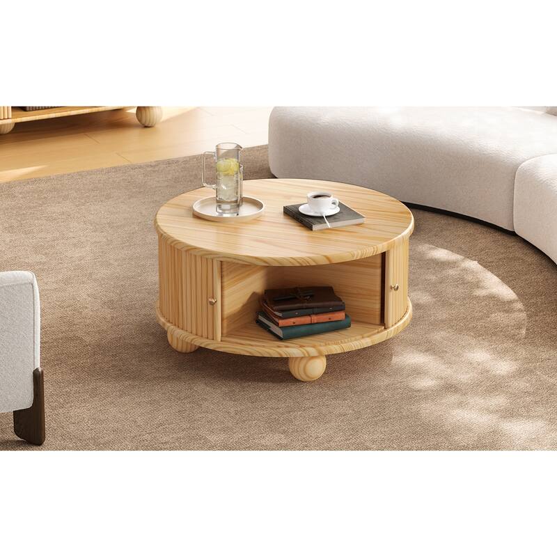 31.8" Round Fluted Pine Coffee Table with Sliding Door Storage - Natural Finish