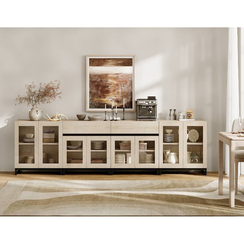 4 in 1 Multifunctional Sideboard Buffet with Glass Doors & 5 Drawers, Modern Credenza with Adjustable Shelf and Metal Base
