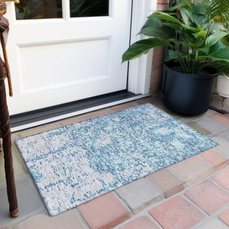 Machine Washable Indoor/ Outdoor Abstract Pixels Chantille Rug - Teal - 1'8" x 2'6"