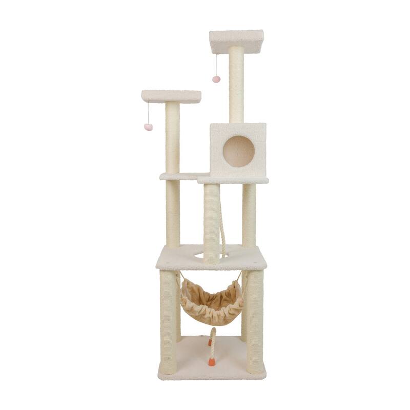 Classic Real Wood Cat Tree In Ivory, Four Levels With Rope Swing - Ivory