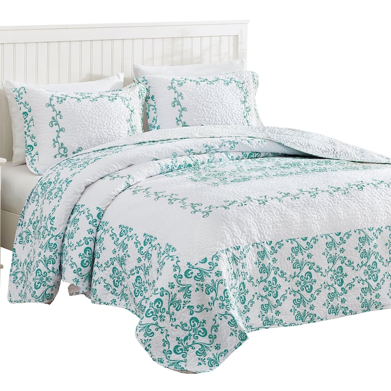 Lovely Damask Embroidered Quilted Bedspread