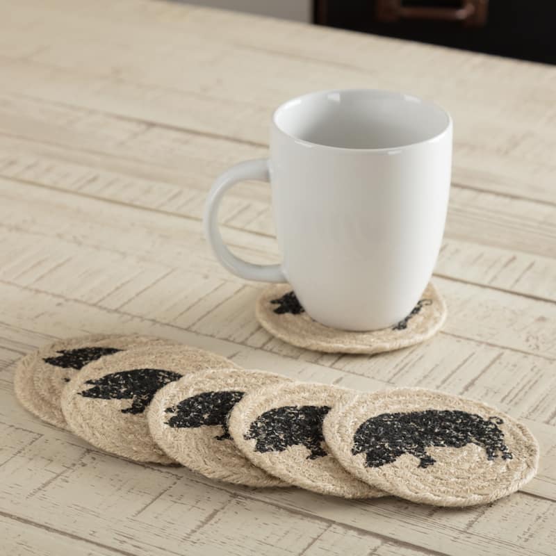 Sawyer Mill Charcoal Pig Jute Coaster Set of 6 - Coaster Set - Coaster Set - Set of 6 - Bleached White/Asphalt/Grey Taupe